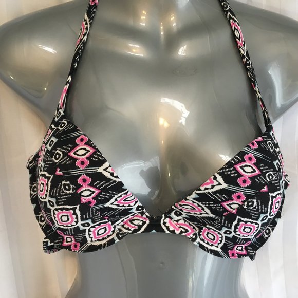 Women's HOLLISTER Black Pink Tribal Swim Bikini Top Push Up Size 34C Bottoms L - Picture 3 of 15
